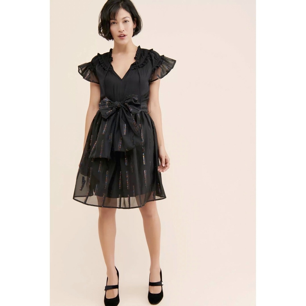 SUI by Anna Sui Women Small Mini Dress Ruffle Metallic Stripe Designer Luxury